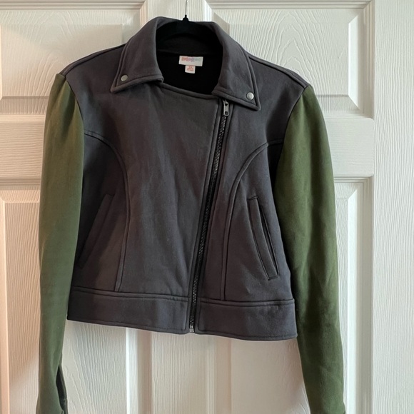 LuLaRoe Jackets & Blazers - LuLaRoe Green and Gray Bomber Jacket with Asymmetrical Design